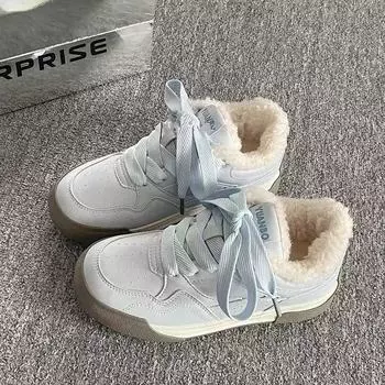 Флисовые нишевые шерстяные кроссовки женские 2024 новые зимние универсальные кроссовки на платформе повседневные спортивные хлопковые туфли 35