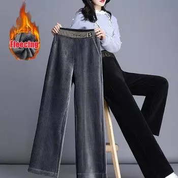 Флисовые плюшевые толстые теплые полосатые буквы с высокой талией вельветовые прямые OL широкие длинные брюки женские зимние повседневные брюки одежда XXXL чёрный