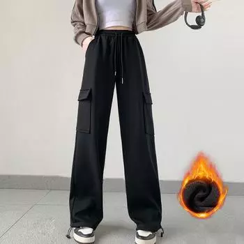 Флисовые прямые брюки-карго, женские американские повседневные спортивные брюки, зимние толстые бархатные брюки с высокой талией и широкими штанинами для похудения S