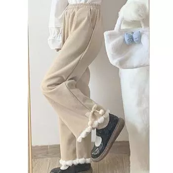 Флисовые японские кавайные брюки женские широкие милые спортивные штаны милые Харадзюку Лолита винтажные мешковатые белые брюки с бантом зимние S белый