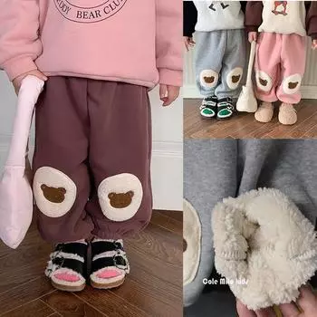 Флисовые штаны для мальчиков, теплые брюки для детей, милые детские свободные брюки с медведем, утепленная одежда для малышей на осень-зиму в корейском стиле 80cm серый