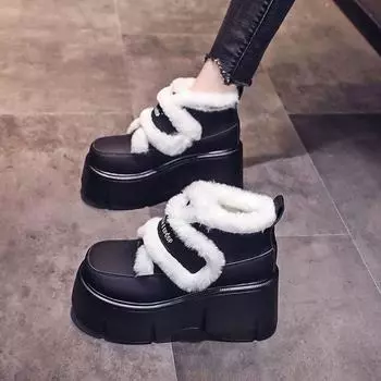 Флисовые теплые хлопковые ботинки Muffin, женские, осенне-зимние, новые популярные, на липучках, маленькие, 8 см, толстые, увеличивающие высоту, зимние ботинки 35