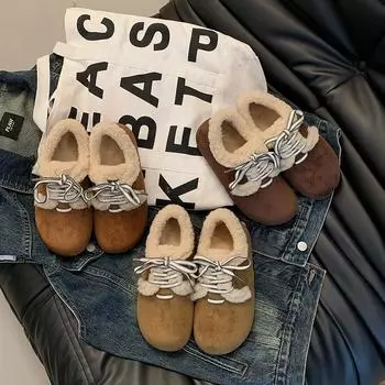 Флисовые теплые хлопковые туфли 2024 года, осенне-зимние, ретро, с круглым носком, на шнуровке, универсальные, с плоской подошвой, нескользящие, женские одинарные туфли 35 жёлтый