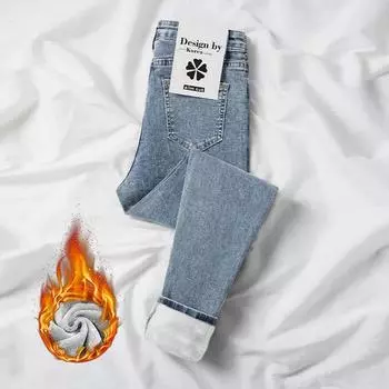 Флисовые теплые облегающие эластичные женские джинсовые брюки-карандаш женские зимние толстые бархатные женские джинсы с высокой талией узкие джинсы женские брюки 32 чёрный