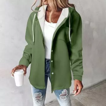 Флисовые толстовки с капюшоном для женщин, теплая толстовка с принтом, на пуговицах, на шнурке, с капюшоном, куртка, пальто L армия зеленый