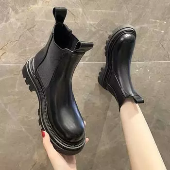 Флисовые тонкие сапоги увеличиваются осенью и зимой 2024 года, ботинки-сигареты, новые ботинки Martin женские в британском стиле с толстой подошвой, увеличивающие универсальность 35 чёрный