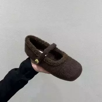 Флисовые туфли женские туфли Мэри Джейн 2024 года осень-зима новые маленькие ароматные пушистые туфли женские термообувь из хлопка 35 темно-серого