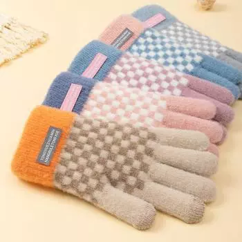 Флисовые утолщенные клетчатые перчатки осенне-зимняя мода теплые шерстяные перчатки вязаные велосипедные холодные перчатки женские студенческие перчатки One Size