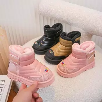 Флисовые утолщенные нескользящие зимние сапоги для девочек, зимние детские большие хлопковые сапоги для мальчиков, водонепроницаемые иностранные зимние сапоги с мягкой подошвой 26 розовый