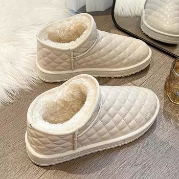 Флисовые утолщенные зимние ботинки женские 2024 зимние новые теплые хлопковые ботинки для дома и улицы интегрированные кожаные короткие хлопковые ботинки волосы 36 чёрный