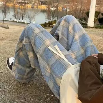 Флисовые винтажные твидовые клетчатые мужские брюки в американском стиле, свободные прямые широкие повседневные брюки, модная брендовая уличная одежда в стиле панк-рок M чёрный