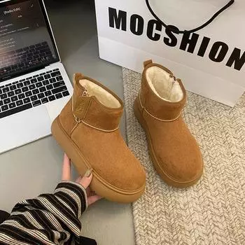 Флисовые высокие зимние ботинки для женщин, новая студенческая модель, теплая повседневная платформа, хлопковые ботинки RD005 в корейском стиле 35 верблюд