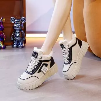 Флисовые высокие зимние ботинки для женщин, новые студенческие, корейская версия теплых повседневных хлопковых ботинок на платформе 35 хаки