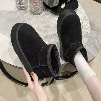 Флисовые зимние ботинки женские на толстой подошве зима 2024 новые короткие ботинки с меховой отделкой утолщенные нескользящие хлопковые туфли 35 коричневый