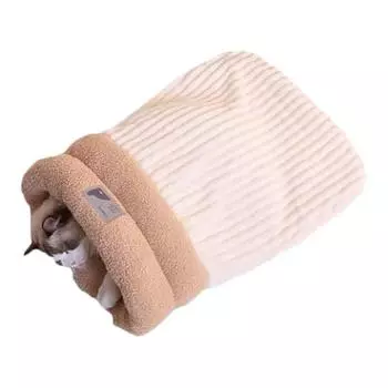 Флисовый Хлопковый Спальный Мешок Гнездо Мягкий Плюшевый Теплый Лежак Новый Лежак-Пещера для Домашней Кошки Beige M