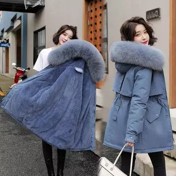 Флисовый пирог побеждает женские средние и длинные стили, зимняя новая свободная большая меховая воротниковая мода утолщенная хлопковая куртка L зелёный