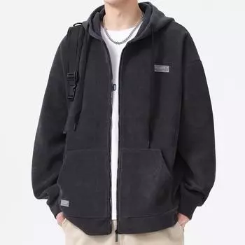 Флисовый свитер мужской осенне-зимний американский прочный утолщенный вельветовый кардиган на молнии с капюшоном куртка Tide M чёрный