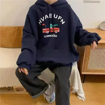 Флисовый свитер с капюшоном женский tide ins японский Harajuku bf свободный ленивый стиль с принтом в стиле Гонконга M тёмно-синий
