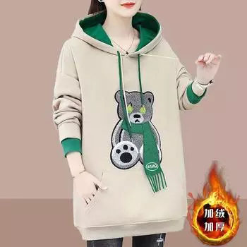 Флисовый свитер средней и длинной длины с капюшоном для женщин на весну, осень и зиму, утолщенный, теплый, свободный, замедляющий старение, куртка с защитой от иностранных газов S [recommended within 40kg]