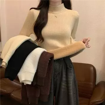 флисовый свитер женский осенне-зимний полуводолазка с длинными рукавами вязанный свитер утолщенный теплый верх женский One size