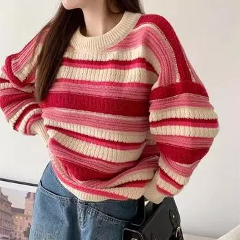 Флисовый свитер, женский осенне-зимний пуловер в полоску с длинными рукавами, вязаный свитер, свободные повседневные уютные топы S красный