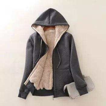 Флисовый свитер женский осенне-зимний свободный повседневный хлопковый термокардиган с капюшоном на молнии утолщенная куртка из овечьего пуха S recommends within 42.5 kg темно-серого