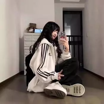 Флисовый утолщенный американский винтажный полосатый свитер кардиган куртка женская зимняя свободная ленивая молния с капюшоном M абрикосовый