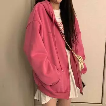 Флисовый утолщенный ленивый ветровой свитер женский 2024 новый кардиган с капюшоном на молнии свободное пальто прилив M темно-розовый