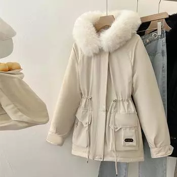 Флисовый утолщенный пирог большого размера, чтобы преодолеть женский съемный меховой воротник снаружи, надевая иностранную свободную хлопковую одежду, зимняя хлопковая куртка прилив M чёрный