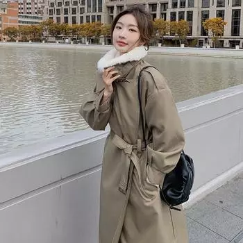 Флисовый утолщенный тренчкот Pie Oversings пальто женское зимнее 2024 новое пальто средней и длинной длины из корейского хлопка S зеленые хаки