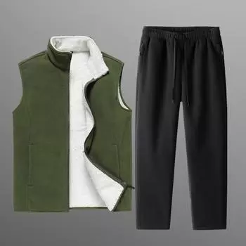 Флисовый жилет Осень и Зима Новый Мужской Флисовый Повседневный Спортивный Комплект Плюс Бархатный Утепленный Большой Размер Теплый Комплект из Двух Предметов M