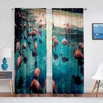 Флок Розовые Фламинго В Воде Прозрачные Вуалевые Шторы для Гостиной Спальни Кухни Оконные Шторы Шифон Тюль Декор Для Штор 1 PCS W100XH250cm&Rod Pocket