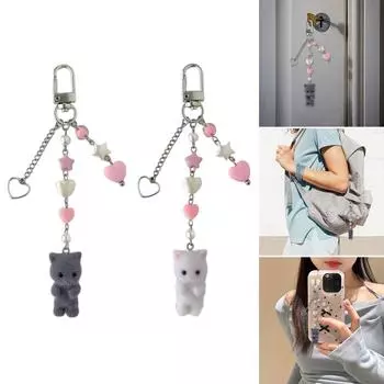 Флокирование кошачьего сердца брелки с подвесками милые милые подвески брелок для ключей украшение на рюкзак для женщин и девочек белый