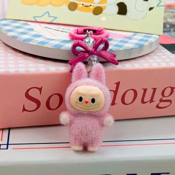 Флокированный Лабубу Брелок Кукла Шарм Подвеска для Телефона Украшение для Сумки Кольцо для Ключей от Машины розы красного