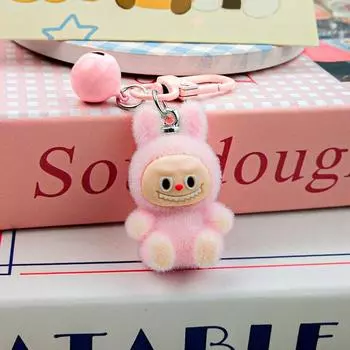 Флокированный Лабубу Брелок Кукла Шарм Подвеска для телефона Кольцо для ключей автомобиля Украшение для сумки розовый