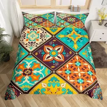 Floral Abstract Geometric King Duvet Cover Boho Exotic Bedding Set Colorful Retro Flower Comforter Cover Polyester Quilt Cover 70x133cm 2pcs