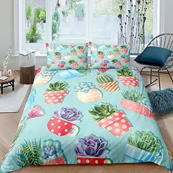 Floral Bedding Set 3pcs Cactus Succulents and Flowers Decor Comforter Cover Plant Soft Polyester Quilt Cover with 2 Pillow Cases EU Single(135x200cm)