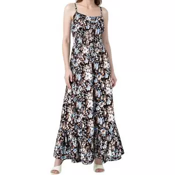 Floral Boho Dress For Women Ruffle Hem Sleeveless Maxi Dress Spaghetti Strap Smocked Beach Long Dresses XXXL чёрный