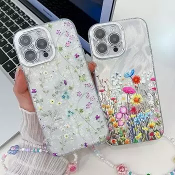 Floral Bracelet Lanyard Glitter Flower Print IMD Phone Case For iPhone 16 Plus 15 Pro Max 14 Pro 13 Luxury Shockproof Clear Bumper Cover iPhone 16