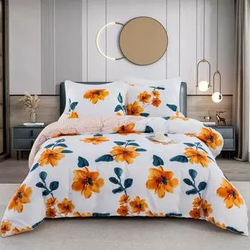 Floral Duvet Cover Flower Duvet Cover 3 Pieces Set 1 Orange Botanical Duvet Cover 2 Pillowcases Soft Blossom Plant Print Bedding EU single(135x200cm)