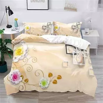 Floral Duvet Cover King Microfiber 3D Botanical Blossom Flowers Bedding Set Luxury Geometric Swan Comforter Cover For Girls Teen EU single(135x200cm)
