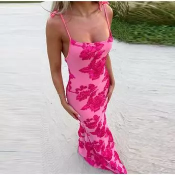 Цветочная вышивка О-образный вырез спинки без рукавов женские платья Slim Hip Package вечернее женское вечернее платье S красный