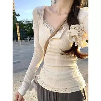 Floral Fake Two-Piece Fancy Long Sleeves Sweet Sexy Lace Apricot Quality Edition S [Recommendations 70-85]]