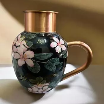 Floral Galore Royal Surai Design Copper Jug Pitcher, Storage and Serving Water, (1.5 litres) (Flower Balck)
