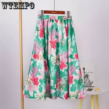 Floral Half Length Skirt for Women Spring/Summer Long Style High Waist Retro Elastic Long Length Skirt S
