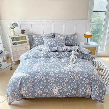 Floral Plants Duvet Cover Set 100% Cotton 3Pcs Blue Quilt Cover with 2 Pillowcases Skin-friendly Soft Bedding Set for All Season 120x200cm Single 3Pc