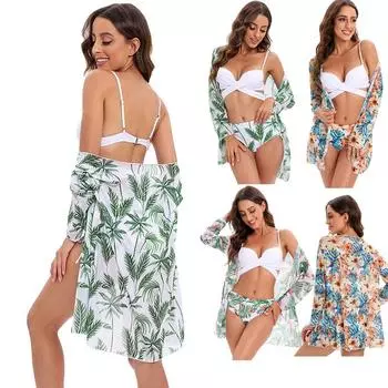 Комплект бикини с цветочным принтом, женский купальник с завышенной талией, длинный рукав, накидка из трех частей, летний пляжный купальный костюм, купальники M