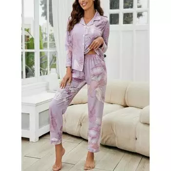 Пижамный комплект светло-фиолетового цвета с цветочным принтом, блузка с длинными рукавами и брюки на эластичном поясе, женская домашняя одежда и одежда для сна M