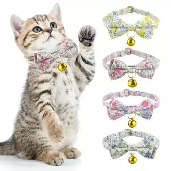 Floral Print Pet Collar with Bowtie Copper Bell Fabric Wear-resistant Pet Neck Circle with D-Shaped Buckle Elegant Neck Collar жёлтый