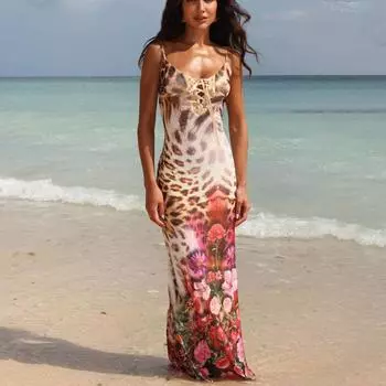 Сексуальное платье макси с цветочным принтом, женское модное облегающее платье макси без рукавов с открытой спиной S
